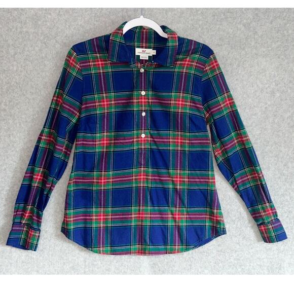 Vineyard Vines | Size: 8 | Plaid Flannel Tunic top Roll Tab Sleeve coastal beach - Picture 1 of 7